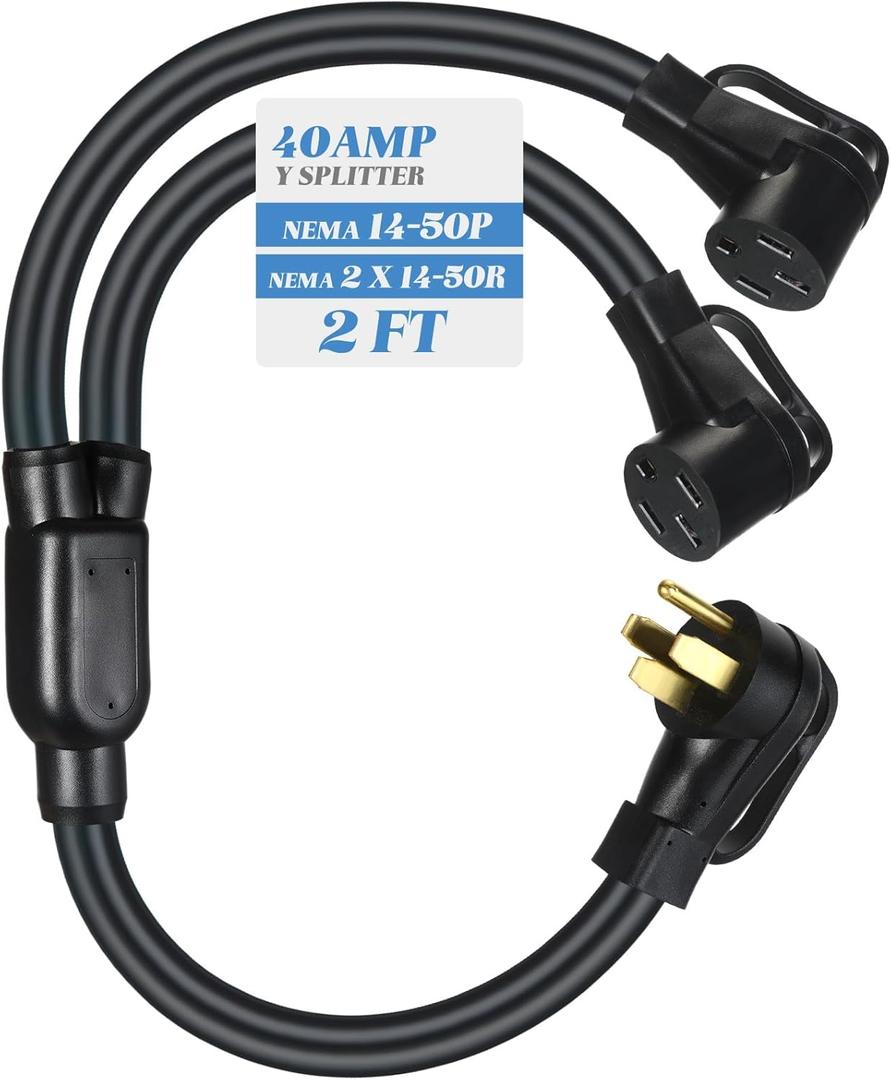 Kanayu 40 Amp 14-50 Y Splitter Adapter Cord Compatible with NEMA 14-50p to 2X 14-50r, 4 Prong 250v for Rv and Ev Heavy Duty 8/2+10/2 STW Awg Rv Generator Outdoor Cord, Etl Listed, 2 Ft (Black)