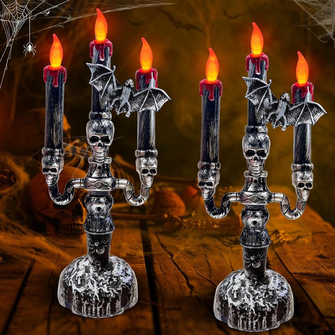TURNMEON 2 Pack Halloween Decorations Halloween Candles LED Candelabra 3 Flickering Lamp Light Up Battery Operated Candles Holder Flame Less Bat Decor Indoor Table Home Party