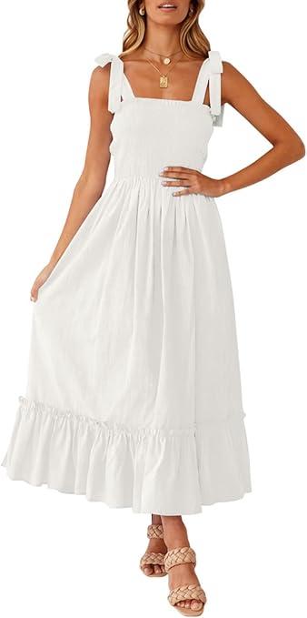 ZESICA Women's 2025 Summer Boho Spaghetti Strap Square Neck Solid Color Ruffle A Line Beach Long Maxi Dress. Size Large