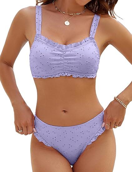 Blooming Jelly Womens Bikini Set Two Piece Bandeau Bathing Suits Cheeky Mid Rise Ruffle High Cut Eyelet Swimsuit (XL,Purple)