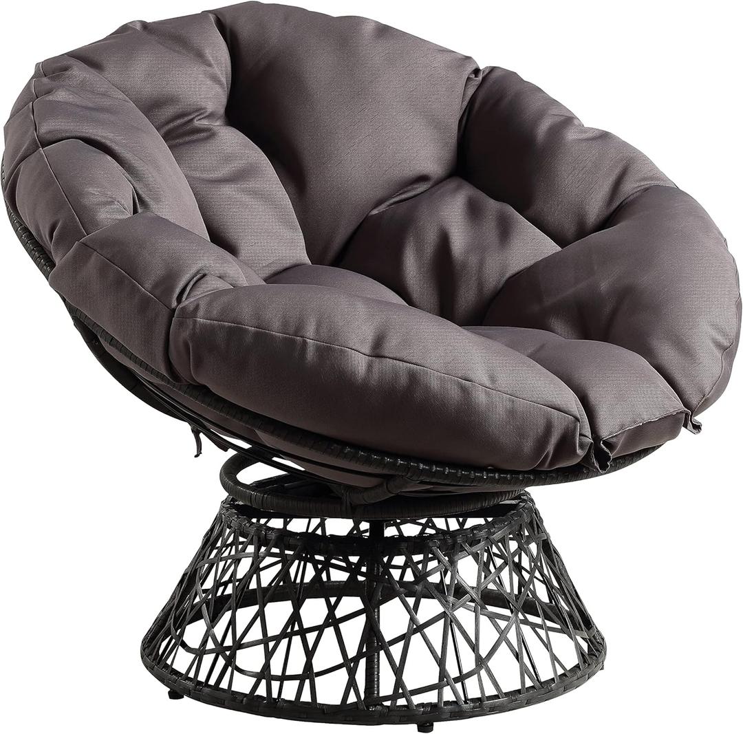 OSP Home Furnishings Wicker Papasan Chair with 360-Degree Swivel, Grey Frame with Grey Cushion