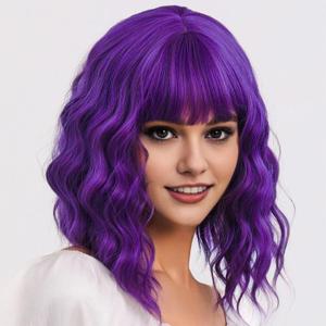 AGO Purple Wig with Bangs Short Loose Wave Pastel Bob Wigs Shoulder Length Synthetic Hair for Women Girl Synthetic Heat Resistant Fiber for Daily Party Halloween Cosplay Use(415#Purple)