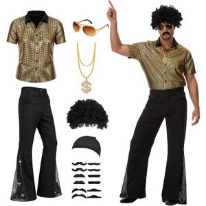 YIGMAW 70s Outfits for Men,7 pcs Disco Costume set(Gold, M)