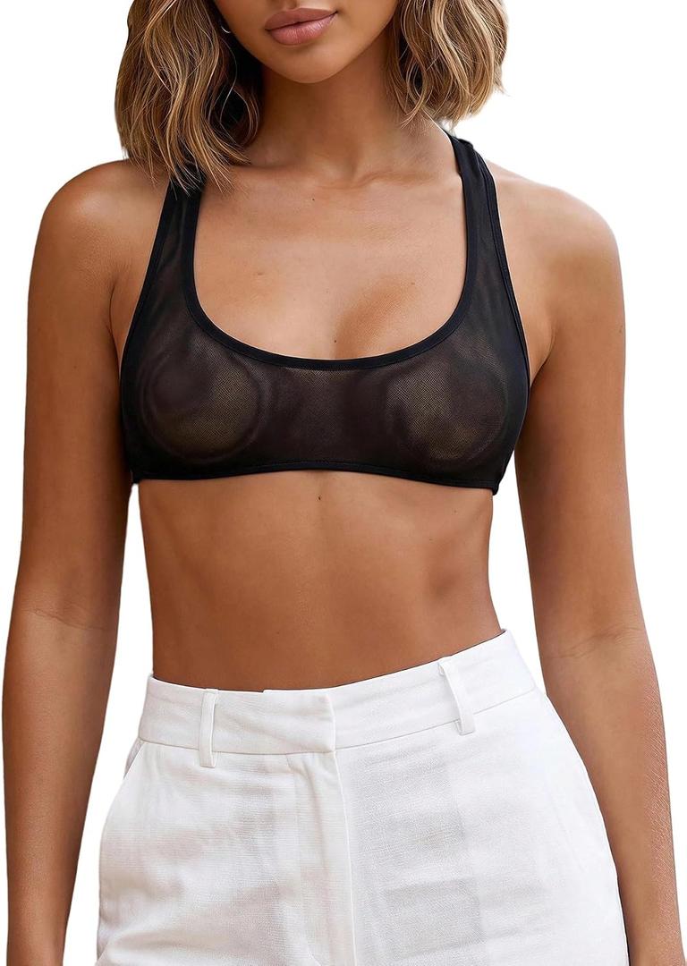 RoseSeek Women's Sleeveless Mesh Sheer Crop Tank Athletic Bandeau Bras See Through Racerback Shirt, Medium