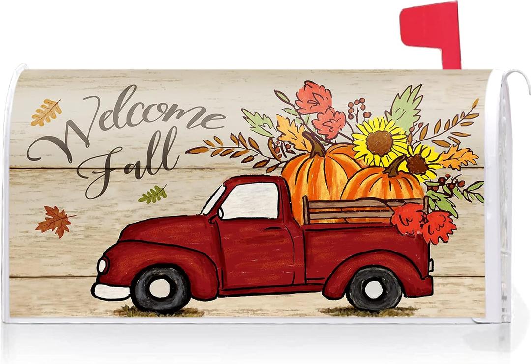 Texupday Welcome Fall Red Truck Sunflower Pumpkin Harvest Mailbox Cover with Magnetic Strip Autumn Thanksgiving Mailbox Wraps Post Letter Box Cover Standard Size 21" X 18" Garden Outdoor Yard Decor