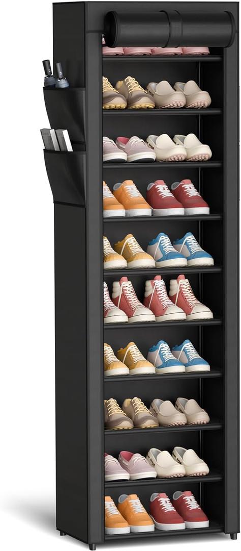 Kitsure Shoe Rack - 10-Tier Large Capacity Shoe Organizer Shelf with Dust Cover & Side Pockets, Rust-Proof Metal Shoe Rack for Closet, Entrance, Living Room, 17.5" x 12.4" x 69.3", Black
