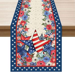 XCHI America Stars Flowers Memorial Day Table Runner 4th of July Patriotic Independence Day Table Decoration for Party Home Kitchen Dining Holiday Decor 13x108 Inch
