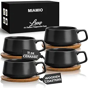 MIAMIO 11 Oz., Set of 4 Ceramic Tea Cup and Saucer Bamboo/Tea Mug - Wide Cappuccino Cup, Coffee Cups Ceramic Mug for Cappuccino, Latte, Espresso & Americano - Luxe Collection 