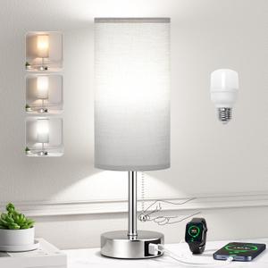 Grey Table Bedside Lamp for Bedroom Nightstand - Small Silver Lamp with USB A + C Charging Port, 3 Color Temperatures Pull Chain Night Stand Light with Bulb, Side Table Desk Lamp for Living Room (14.0In)