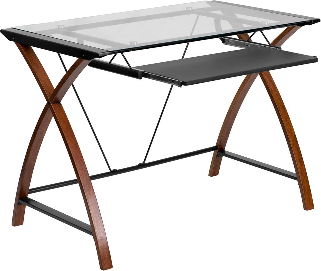 Flash Furniture Jude Tempered Glass Computer Desk with Pull-Out Keyboard Tray and Crisscross Frame, Small Computer Desk for Home Office, Cherry/Clear