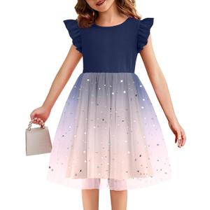 Flypigs Toddler Tutu Dress Girls Ruffle Tulle Dresses Cute Summer Party Princess Sundress for 2-7Y (5T, Navy Blue+champagne)