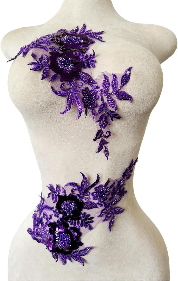 Sewing Beads lace Applique one Pair sew on Pearl Trimming Patch Decorative Accessories for Clothes 2pieces/Bag 11.8X7.08inches (Purple)