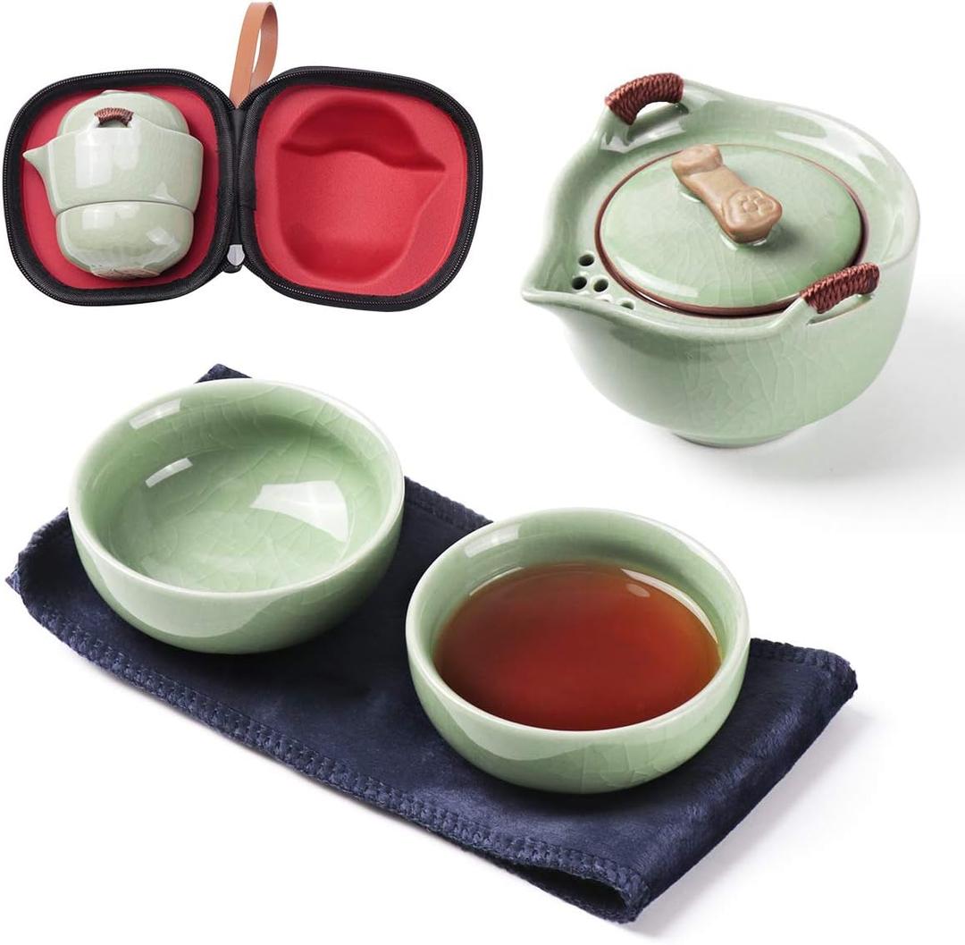 Travel Ceramic Tea Pot Set, Chinese Kung Fu Teapot 1 Pot 2 Mini Cup Porcelain Gongfu Teacups with Infuser Portable Bag All in One for Picnic Outdoor Camping Hotel (Green)