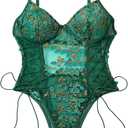 Lilosy Women Sexy Lace Up Floral Embroidered Teddy Lingerie Bodysuit Top Mesh Sheer One Piece (Green, XL)