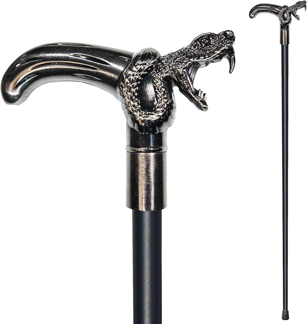 Walking Cane for Men & Women & Seniors - 36.5 Inch Heavy Duty 500+ lbs Capacity, Snake Ergonomic Handle, Decorative & Ornate Design, Gothic & Goth Elegant Artistry, Metal Cane