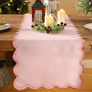 Scalloped Edge Table Runner 70 Inches Preppy Embroidery Edge Table Runner Cute Neutral Rustic Dining Decor for Kitchen(Blush Pink, Peach)