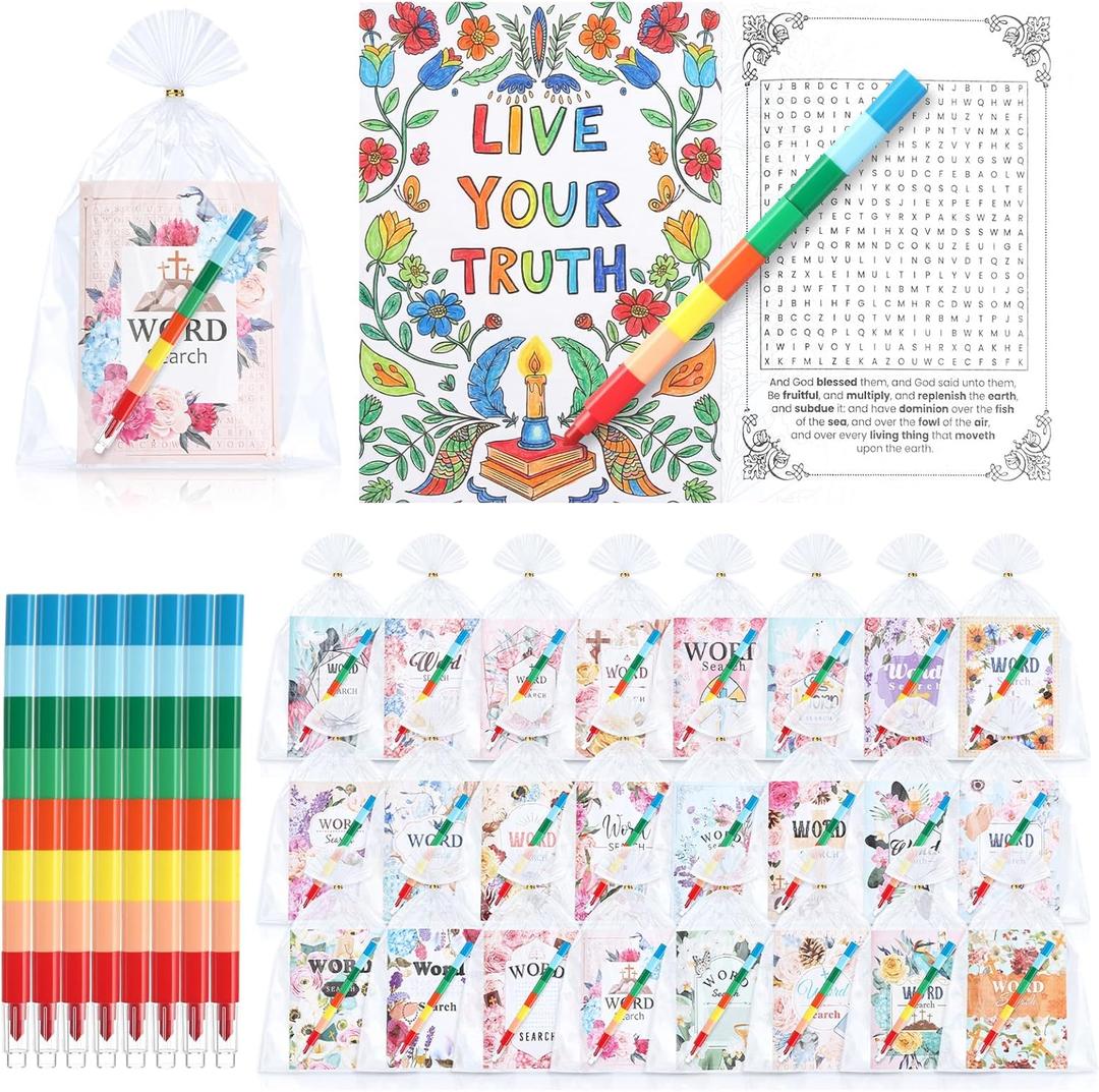Sinload 24 Pcs Bible Verse Coloring and Word Search Activity Books Bulk with 24 Crayons Mini Inspirational Scripture Activity Kit for Church Party Favors Sunday School Supplies Christian Gifts
