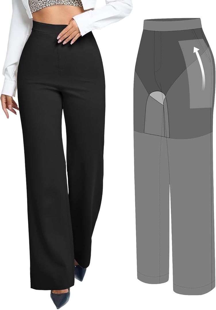 BRXL 2 in 1 Dress Pants for Women Work Tummy Control Shapewear Long Wide Leg Winkle Free Business Casual (Medium, Black)