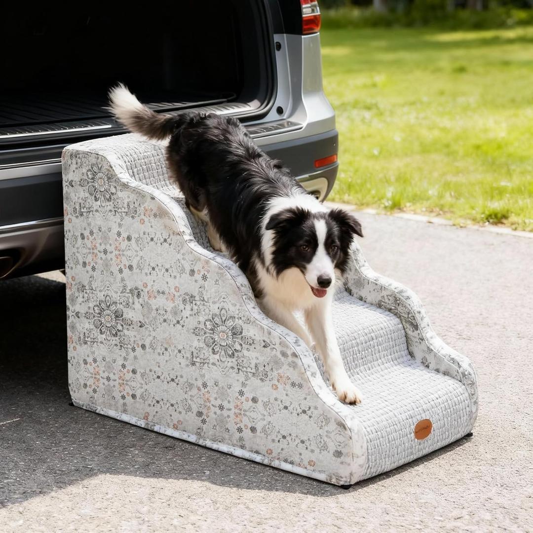 Side Armrest Dog Stairs for High Beds Up to 26-30",5 Tier Wider Curved with Weighted Base Plate, Washable Cover Gentle Slope Steps, Bed & Couch Ladder for Small Medium Dogs & Senior Cat