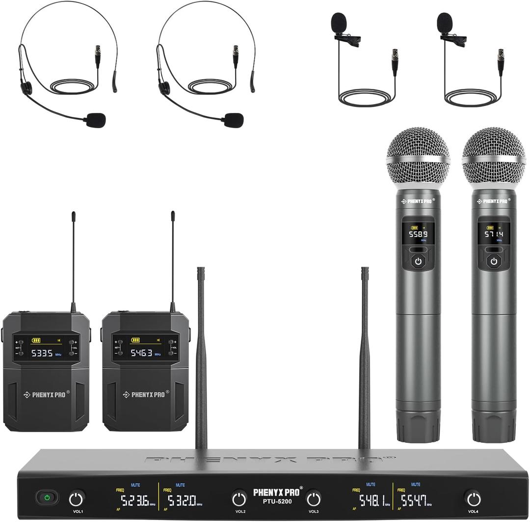 Phenyx Pro Wireless Microphone System, 4-Channel Wireless Mic Set with Handheld/Bodypack/Headset/Lapel Mics, Cordless Microphone for Singing, Karaoke, Church (PTU-5200-2H2B)