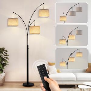 Arc Floor Lamp, 3 Light Floor Lamp with Remote, 2400LM Super Bright Tall Standing Lamp with 3 Color Temps & Dimmable, 80" Mid Century Tree Floor Lamps for Living Room, Bedroom, Office (Black-Linen Shade)