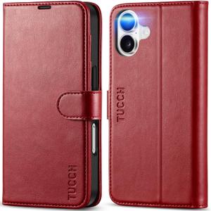 TUCCH Case Wallet for iPhone 16, [RFID Blocking] PU Leather Stand Folio Cover with 4 Card Slots [TPU Protective Interior Shell], Magnetic Flip Case Compatible with iPhone 16 5G 2024, Dark Red