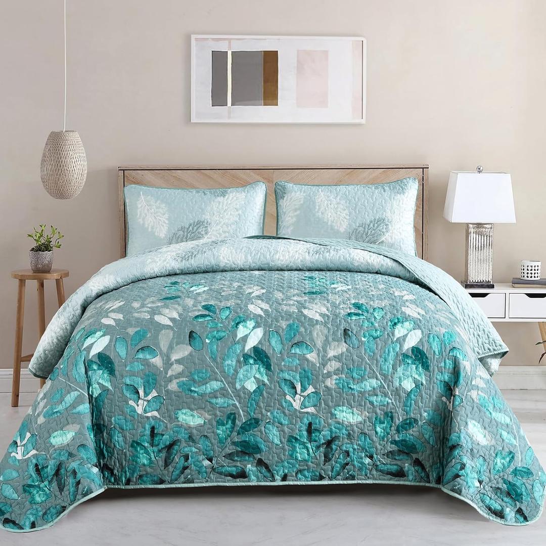 WONGS BEDDING Aqua Quilt Set King Size, 3 Pieces Floral Botancal Leaves Gradient Bedspread Coverlet Set with 2 Pillowcases for All Season, Soft Microfiber Floral Bedding Set 104"90"