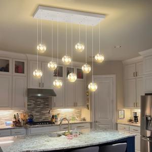 ykolupty Rectangular Chandelier 10-Light Bubble Chandeliers for Dining Room Globe Pendant Lights LED Dimmable High Ceiling Light Fixtures, Silver Clear