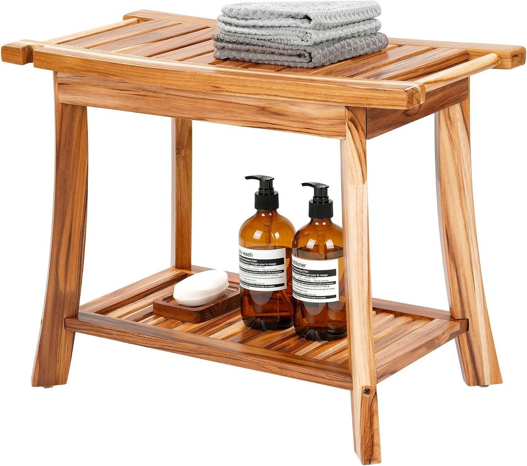 24" Solid Teak Shower Bench with Towel Bar & Storage Shelf - Waterproof Bath Stool with Fixed Non-Slip Feet, 300lbs Capacity
