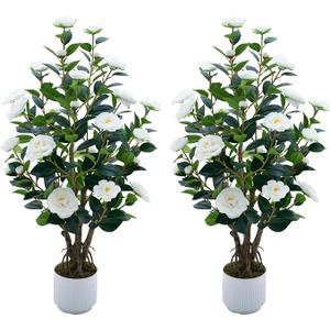 Jcezvnt 2 Pack Artificial Camellia Tree with White Pot, 38" Faux Potted Plants for Indoor Outdoor Decor, Tall Silk Greenery Plant for Home Offce Living Room Balcony, White