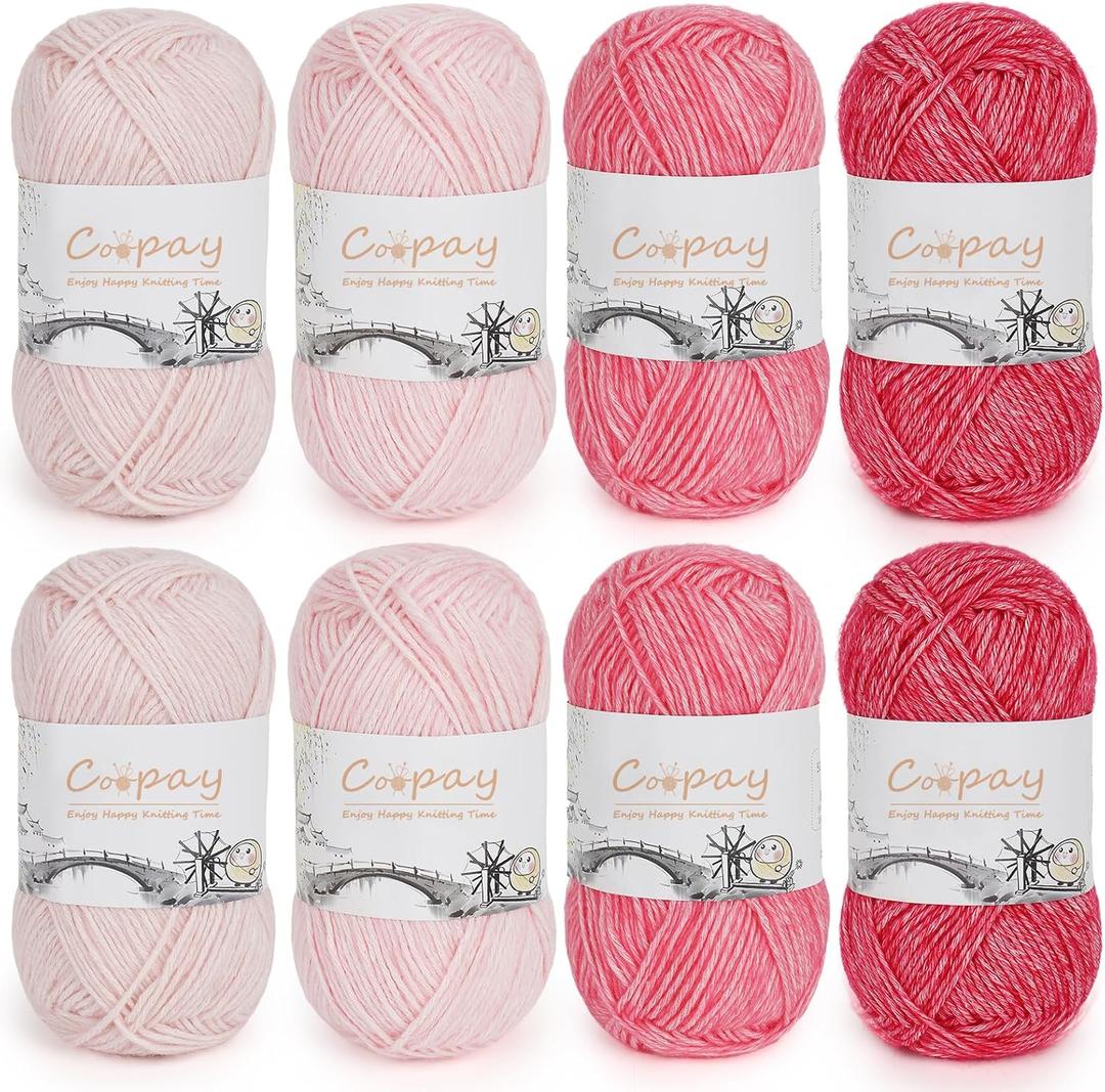 Coopay Yarn for Crocheting and Knitting - 78% Cotton 22% Acrylic - 8 Pack of 50g/1.76oz (CYC #2) - Soft Crochet Yarn Cake, Vibrant Color for Toys, Sweaters, Scarves, Hats - Beginner Friendly (Pink)