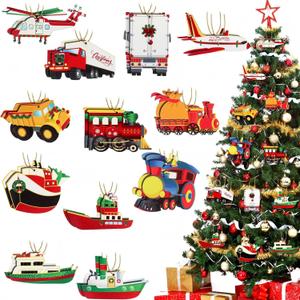 36 Pcs Train Christmas Tree Hanging Ornaments Mini Boat Car Airplane Fighter Train Small Pendant Red Truck Christmas Decor Wooden Vintage Christmas Decorations Farmhouse Airplane Ornament