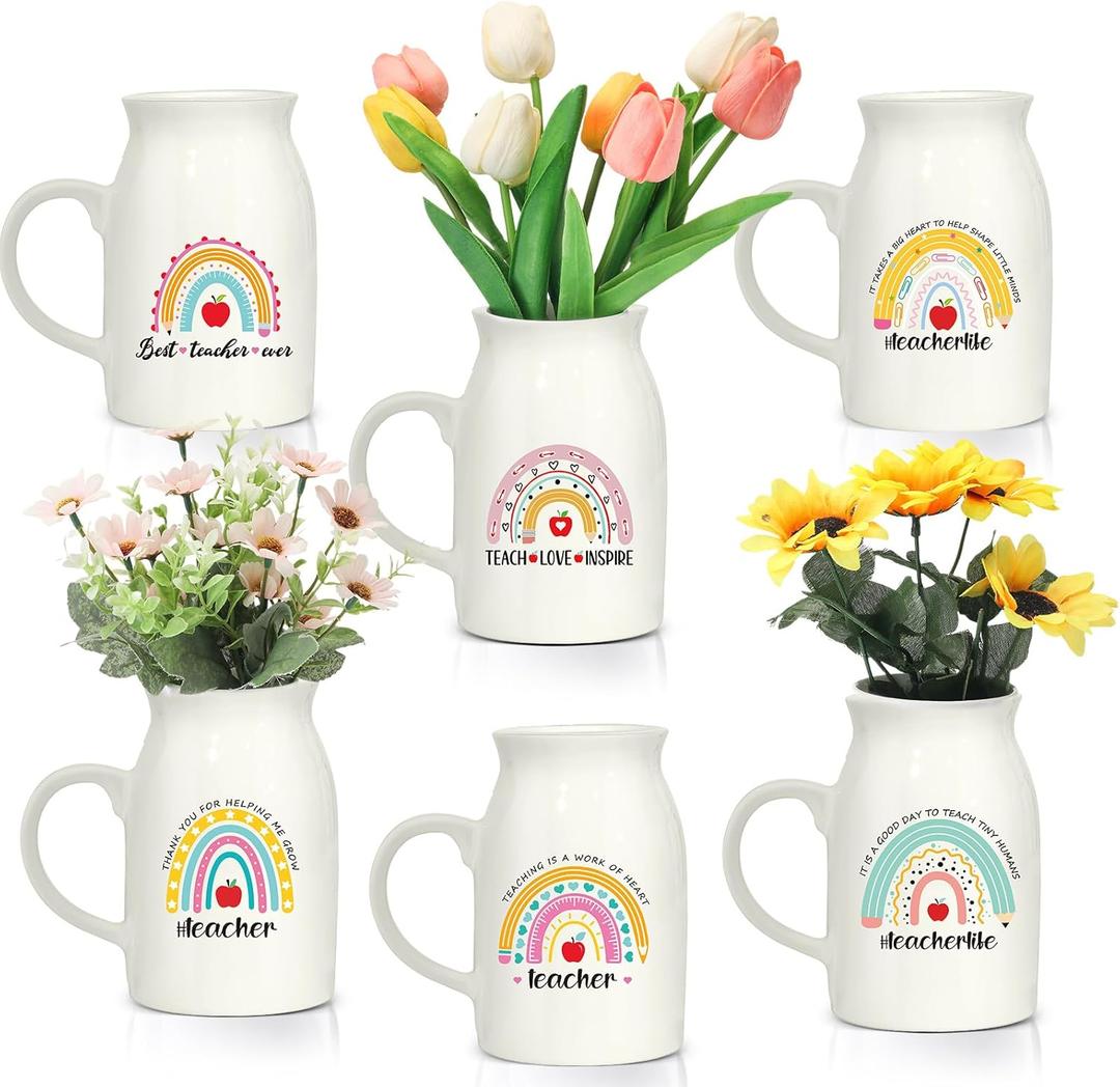 6 Pcs Teacher Appreciation Gifts Bulk Teacher Vase Thank You Gifts for Women Boho Rainbow White Ceramic Flower Plant Containers Bulk Table Decorations for End of Years Birthday(Flower Vase)