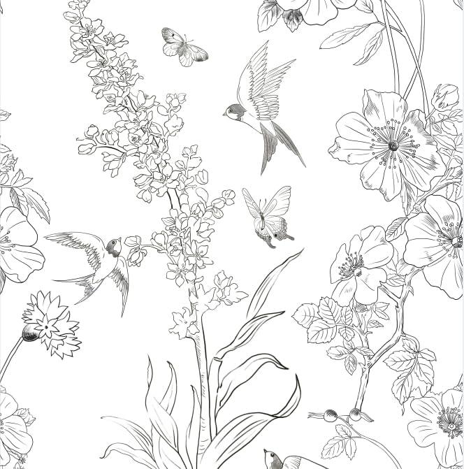 2 x Peel and Stick Wallpaper Black and White Contact Paper Floral Bird Wallpaper Boho Removable Wallpaper Decorative Self Adhesive Wallpaper Contact Paper for Cabinets Wall Paper 17.3" x 118"