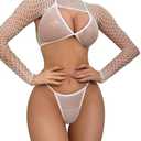 WDIRARA Women's 3 Pieces Rainbow Striped Mesh High Neck Tie Backless Lingerie Set