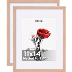 KINLINK 11x14 Picture Frame Set of 2, Wooden 14x11 Photo Frames with Plexiglass for 8x10 Picture with Mat or 11x14 Without Mat, Collage for Wall Gallery and Tabletop Display, 11 x 14 Frame Rose Gold