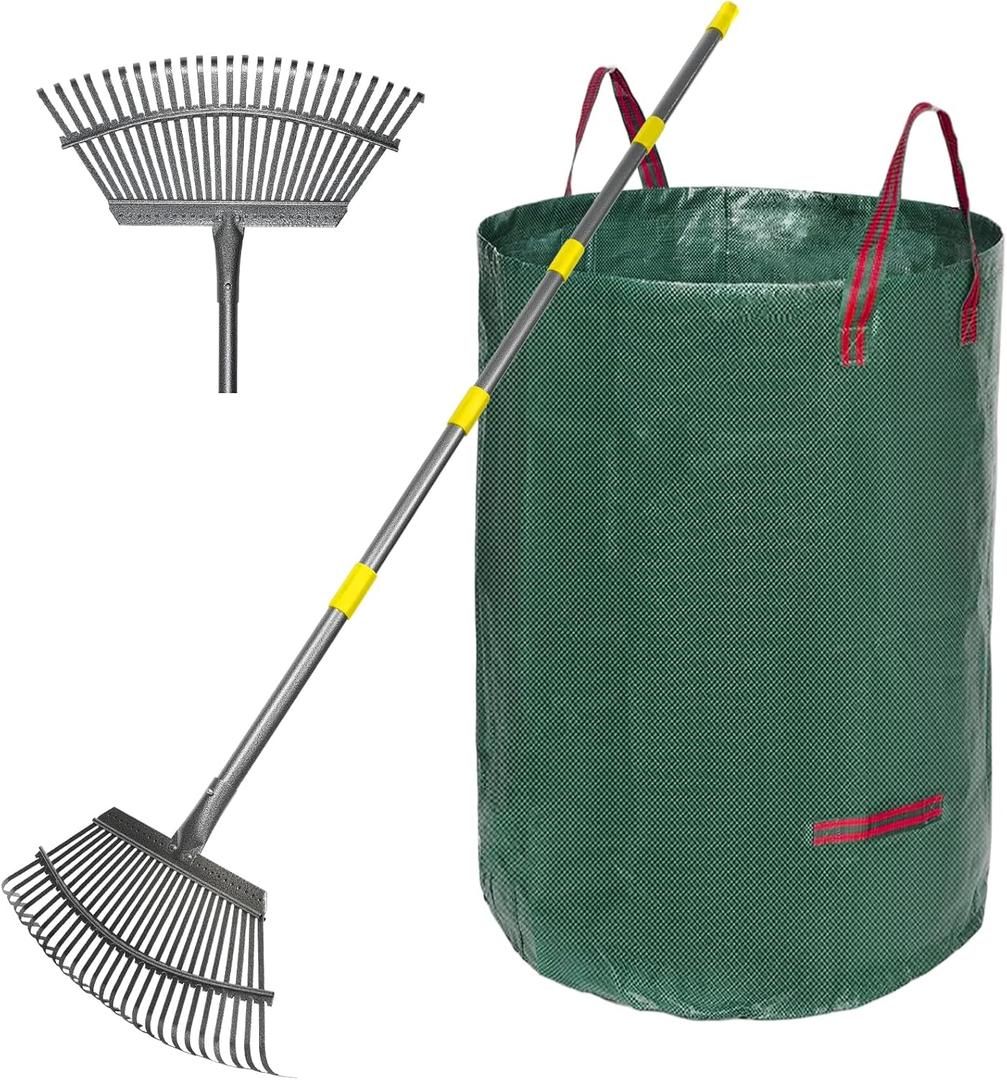Adjustable Garden Rake for Leaves 36-73" Long Handle, 18" Wide, Heavy Duty with 25 Metal Tines Includes 32Gallon Leaf BagsDesigned for Lawns, Grass, Shrubs Flower Beds
