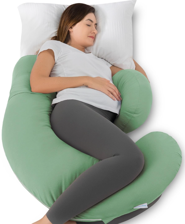 Momcozy Pregnancy Pillow with Cooling Cover, Detachable G-Shaped Maternity Pillow with Adjustable Belly Wedge, Full Body Support for Expecting Mothers, Green 