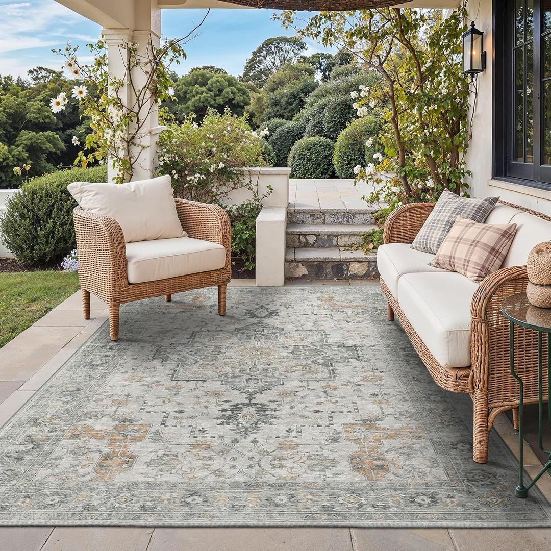 GENIMO Outdoor & Indoor Area Rug 5'x8', Waterproof, Non-Shedding, Easy Cleaning, Boho Mat for Patio, Living Room, Balcony, Dining Room, RV, Deck, Bedroom, Camping, Outside Carpet,Light Grey Brown