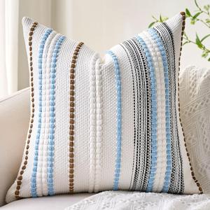 Coastal Blue Boho Throw Pillow Covers 18x18 Inch Farmhouse Decorative Striped Cushion Cases Accent Pillows Square Rustic Textured Woven Neutral Pillowcase for Sofa Couch Bed Living Room,Pack of 1