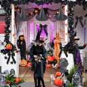 2Pack 6.6Ft Black Fall Maple Leaves Garland,4Pcs Witches Hat,15pcs Black Bow,Artificial Autumn Foliage Garland Outdoor for Home Party Mantle Fireplace Fall Halloween Thanksgiving Christmas Decor