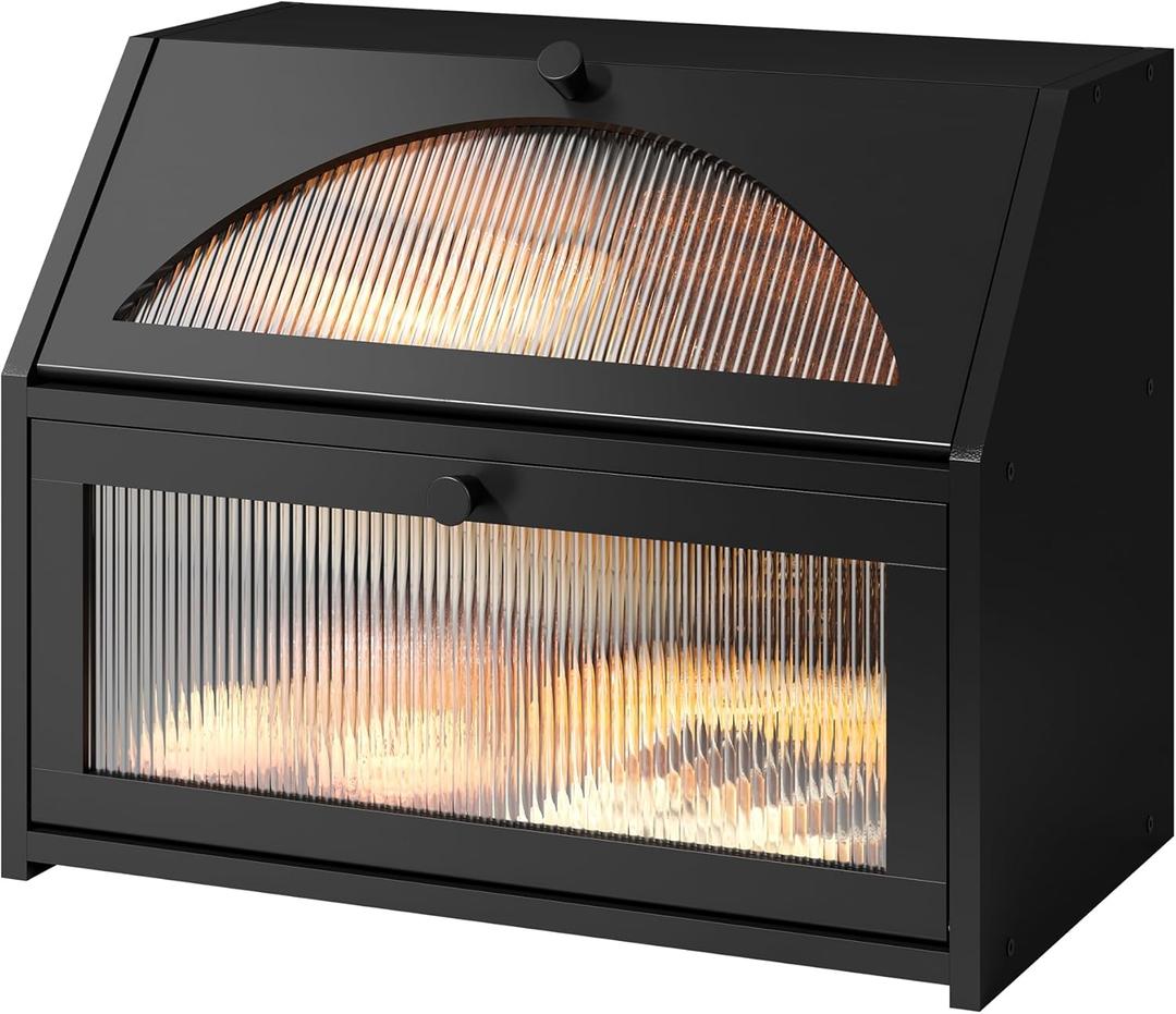 FILWH Bread Box for Kitchen Countertop Large Double Layer Corner Bread Box Farmhouse Breadbox Capacity Bread Storage Bin OrganizerBlack