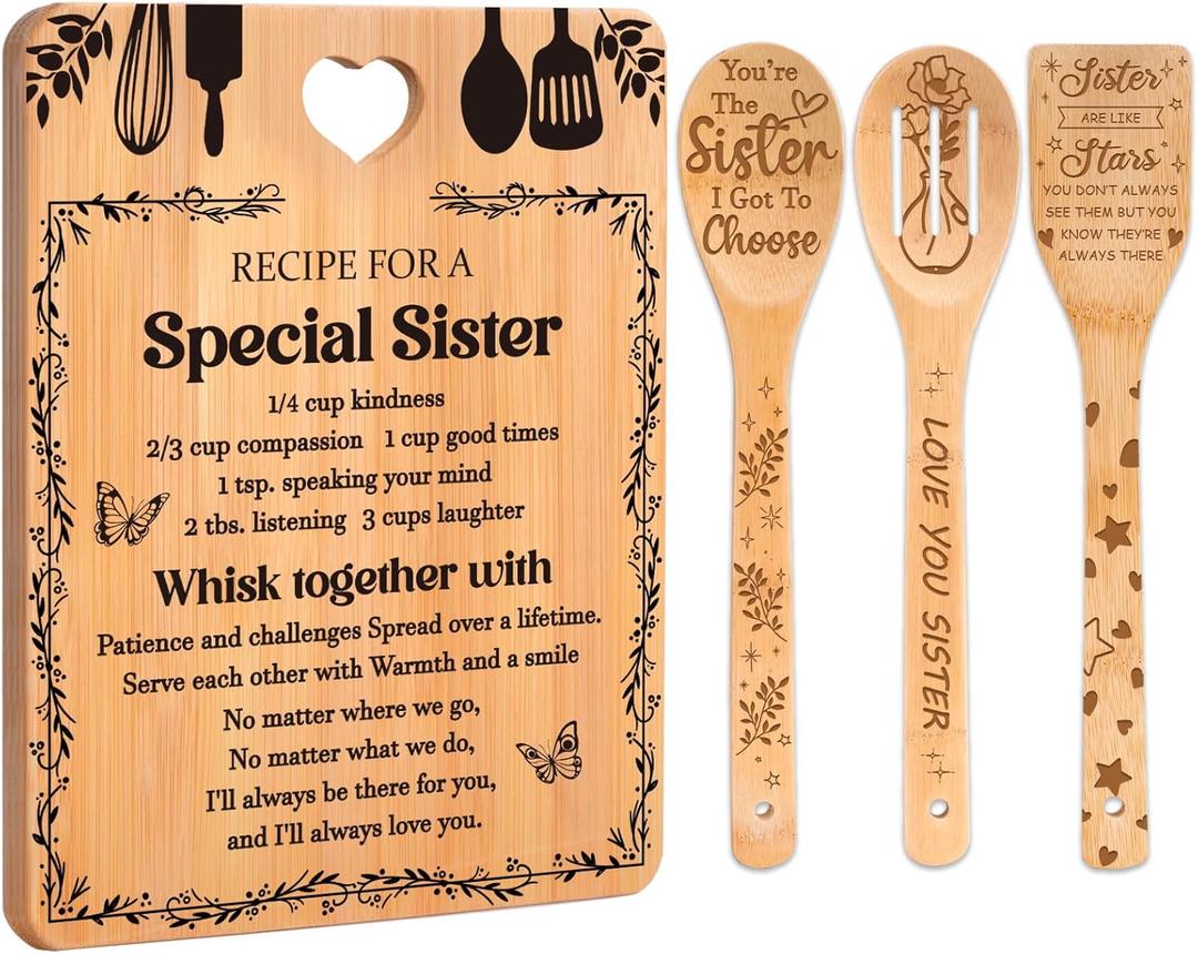 Sister Birthday Gifts - "Recipe for a Special Sister" Sister Gifts from Sister Cutting Board Set, Bamboo-Made Engraved Utensil Set Sister Gifts from Sister, Sister Birthday Gifts from Sister/Brother