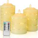 Battery Operated Flameless LED Candles: with Embedded String Lights, 3 Pack Flickering Electric Candle with 10-Key Remote Control for Seasonal Festival Celebration Real Wax(Batteries not Included)