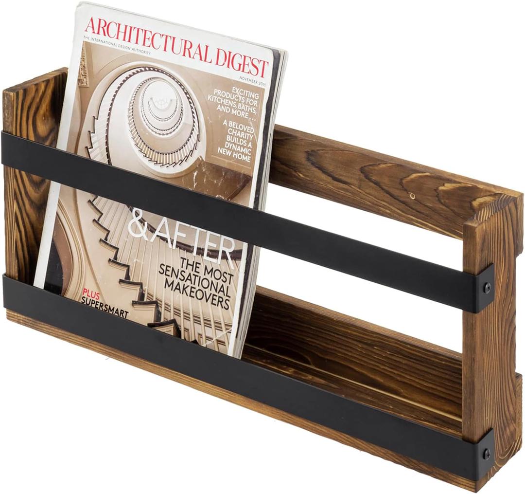 MyGift Rustic Burnt Solid Wood and Industrial Matte Black Metal Magazine Display Rack, Wall Mountable Double Wide Book Holder or Standing Organizer