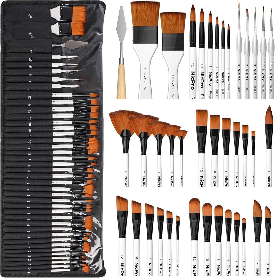 Nicpro 40 PCS Paint Brush Set, Professional Acrylic Paint Brushes with Palette Knife and Canvas Roll, Suitable for Acrylic Painting, Oil, Watercolor, Gouache, Art Supplies Painter Gifts for Artist (White)