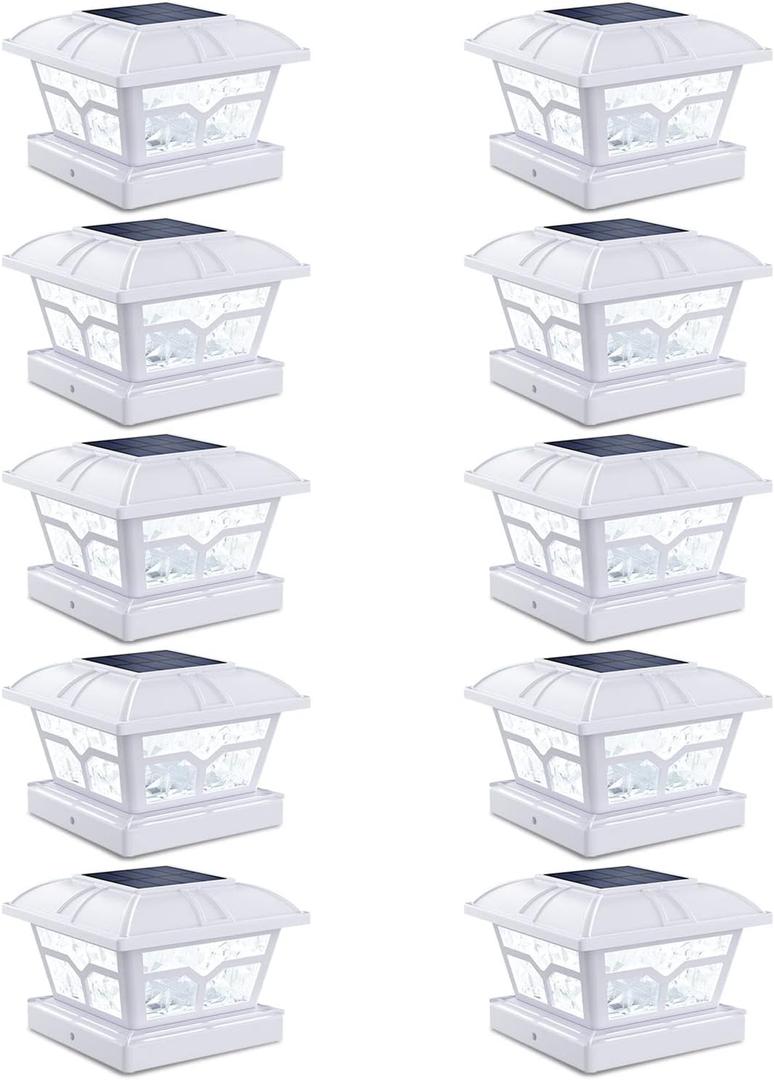 SIEDiNLAR Solar Post Cap Lights Outdoor 2 Color Modes 8 LEDs for 4x4 5x5 6x6 Wooden Vinyl Posts Fence Deck Patio Decoration Warm White & Cool White Lighting White (10 Pack)