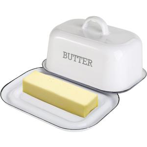 Suwimut Enamel Butter Dish with Lid for Countertop Refrigerator, Vintage White Butters Holder Tray, Black Rim Enameled Metal Covered Butters Keeper Container for East West Coast Butter Stick