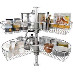 24" Corner Cabinet Turntable, 270 Rotating Basket Adjustable Height Kitchen Shelf Turntable, 2 Tier Rotating Basket 304 Stainless Steel Rotating Storage Rack for Kitchen Corner Cabinets