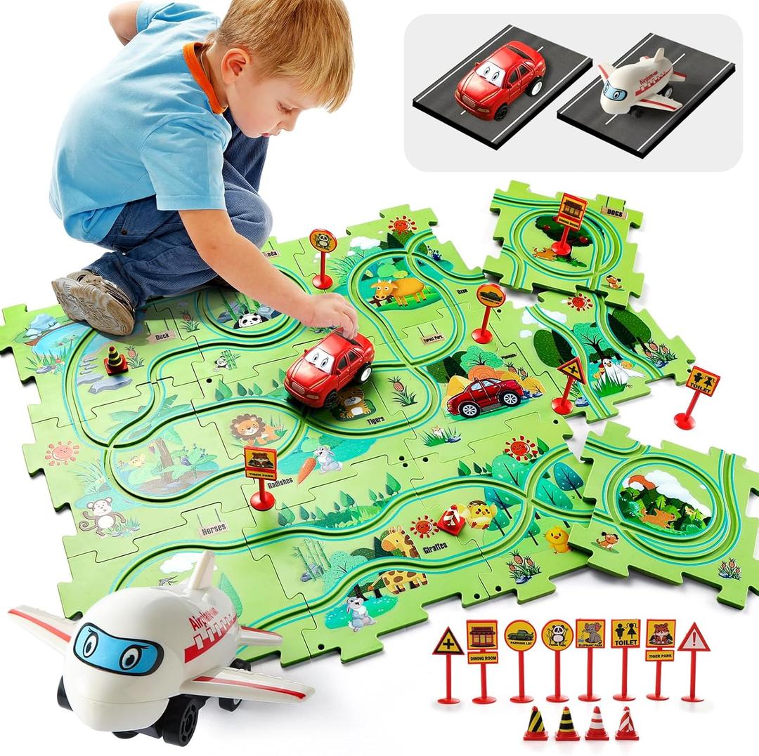 26 PCS Electric Puzzles Racer Kids Car Tracks for Toddlers 2-4 Year Old with Truck and Plane|Play Set for Toddlers 1-3|5 Years Old Boy Gift Game& Christmas Puzzle